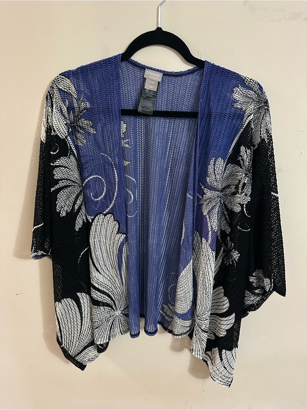 Chico's Blue & Black Floral Open-Front Cardigan